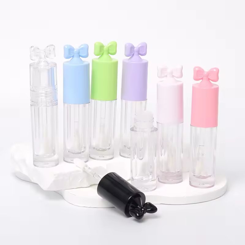 2.5ml pink round plastic lip gloss tube with large brush head, bow head screw cap, plastic cosmetic lip gloss packaging - Image 6