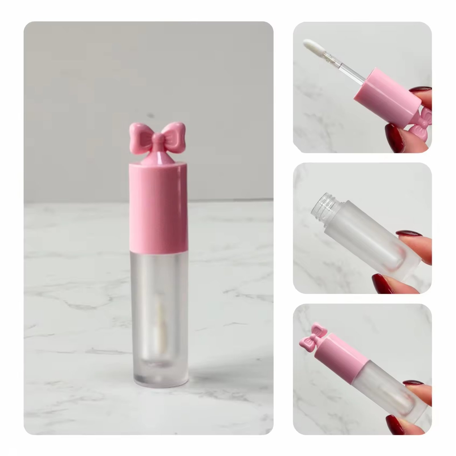 2.5ml pink round plastic lip gloss tube with large brush head, bow head screw cap, plastic cosmetic lip gloss packaging - Image 2