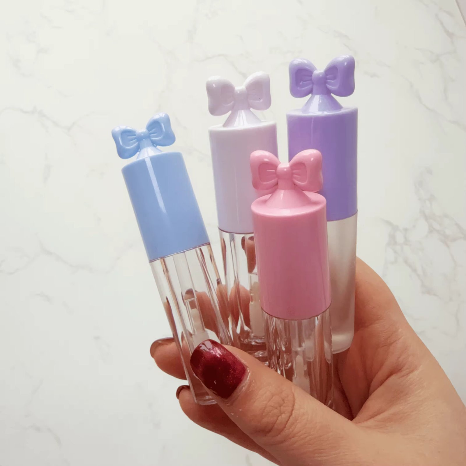 2.5ml pink round plastic lip gloss tube with large brush head, bow head screw cap, plastic cosmetic lip gloss packaging - Image 4