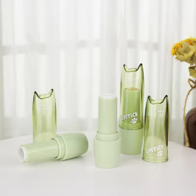 Unique gradient pink and gold lipstick tube with a slanted cap, customizable with printing and a pump cap, perfect for cosmetic lip gloss packaging.