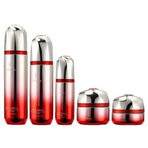 Luxury cosmetic bottle packaging set featuring a skincare glass jar, cream container, and lotion pump bottle for lotions and creams.