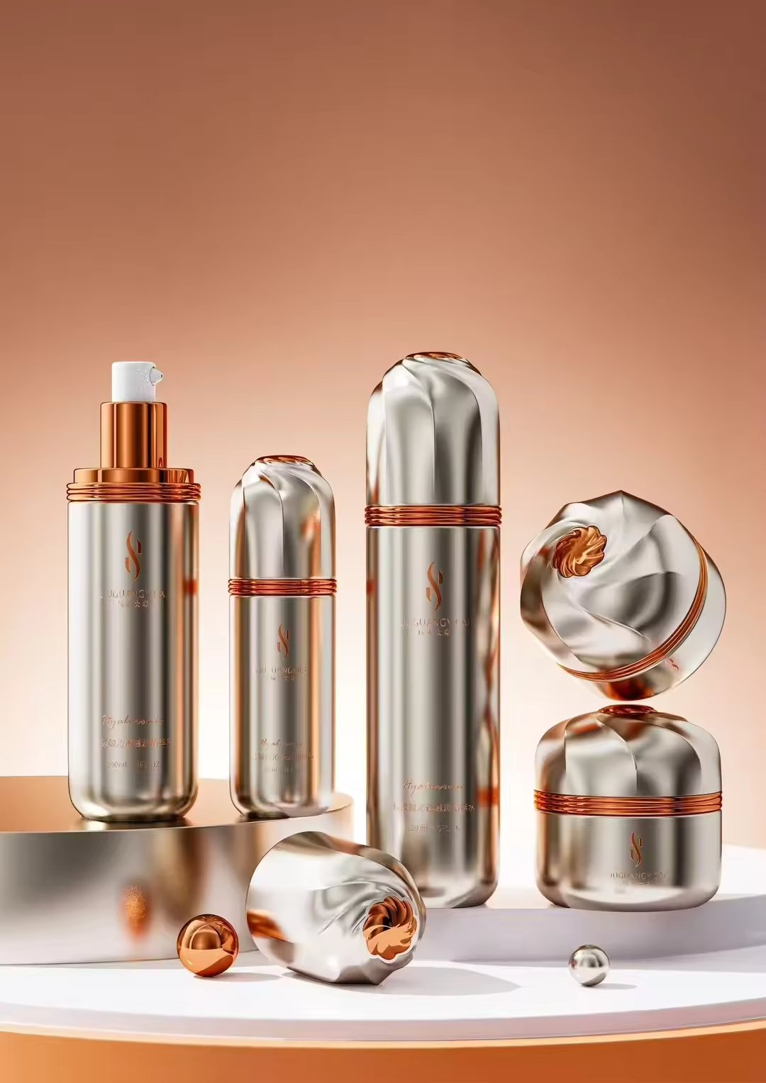 Luxury cosmetic bottle packaging set featuring a skincare glass jar, cream container, and lotion pump bottle for lotions and creams. - Image 6